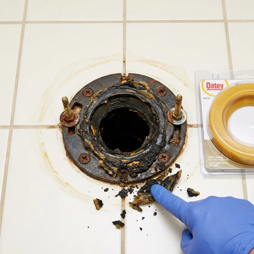 Failed wax ring showing water seepage at the base of a toilet in a Georgetown, GA home