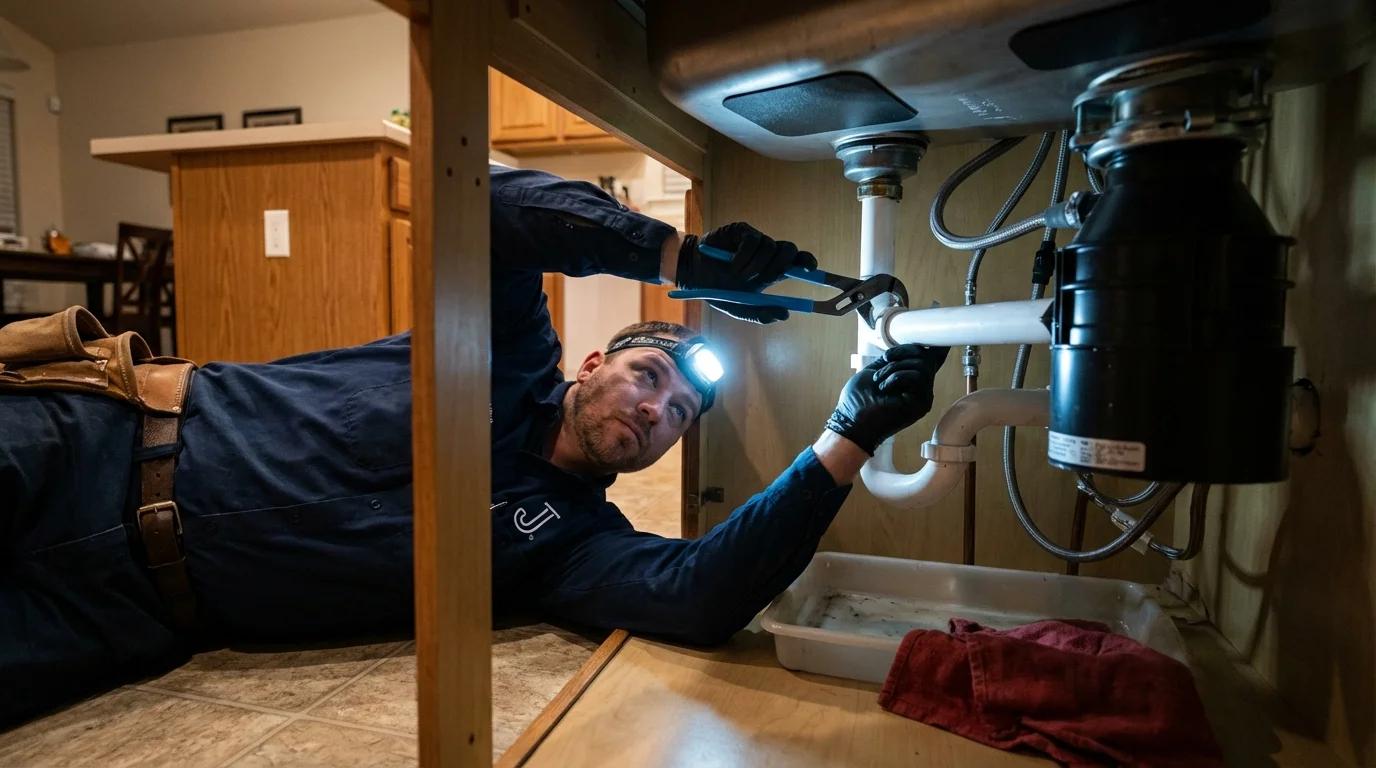 P-trap and supply line connections under a kitchen sink showing a common leak point in Georgetown, GA